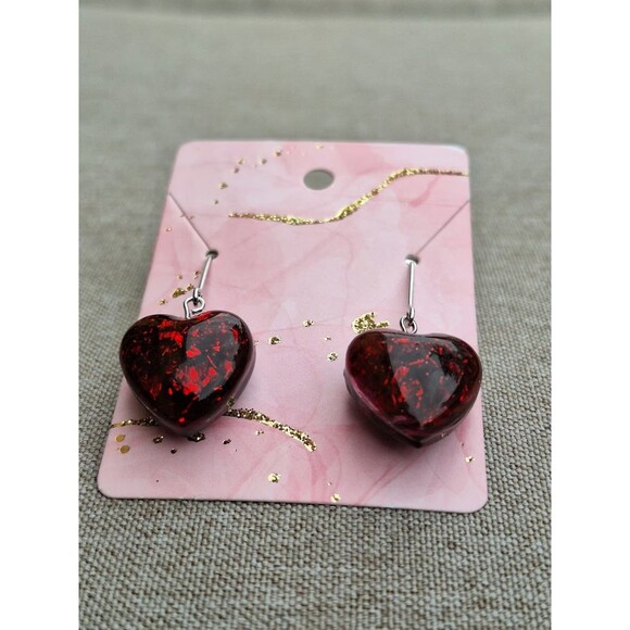 Red Art Handmade Resin Heart Shaped  Earrings Tones Verdes Jewelry - Picture 4 of 6